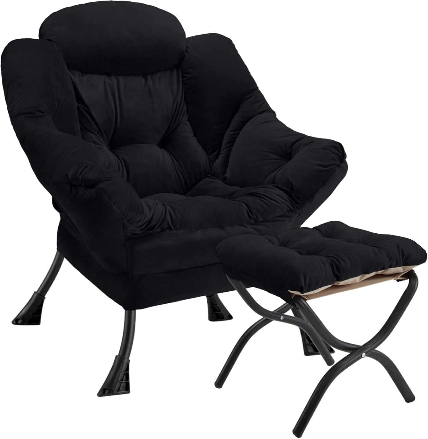 Lazy Chair with Folding Ottoman Modern Large Accent Chair,Contemporary Lounge Leisure Sofa Chair with Armrests Upholstered Sofa Armchair Reading Chair for Bedroom,Dorm & Office(Black-f)