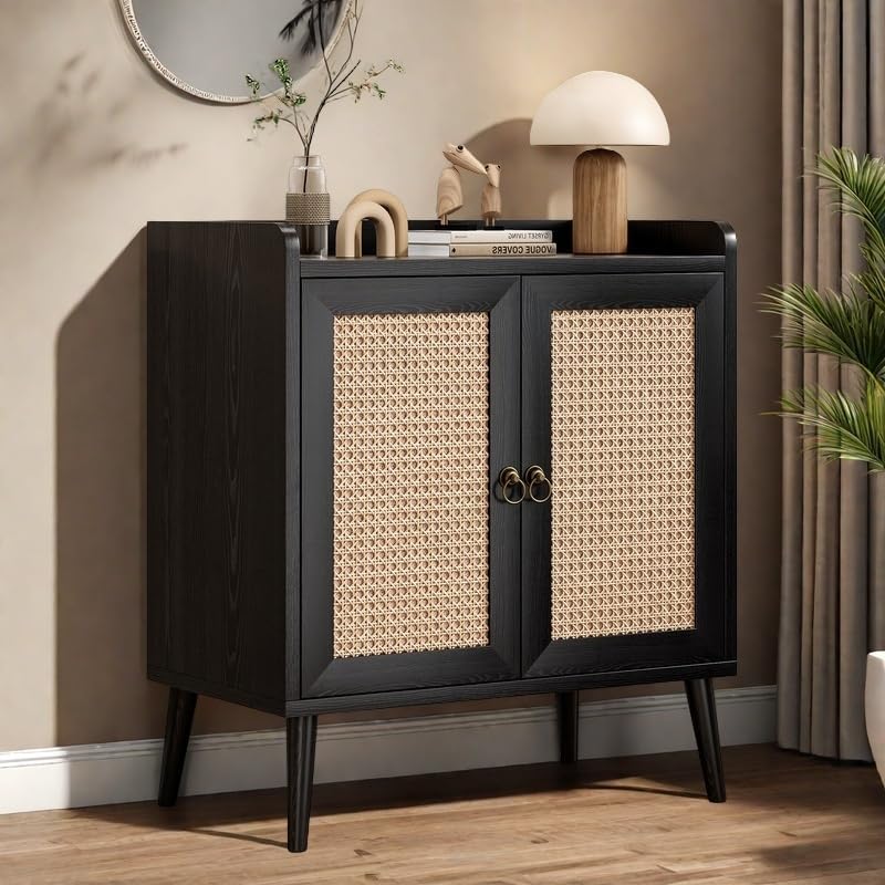 Buffet Cabinet, Rattan Storage Cabinet with Round Pull Rings, Sideboard with Ample Storage, Bar Liquor Shelf with 2 Doors for Living Room, Hallway, Black