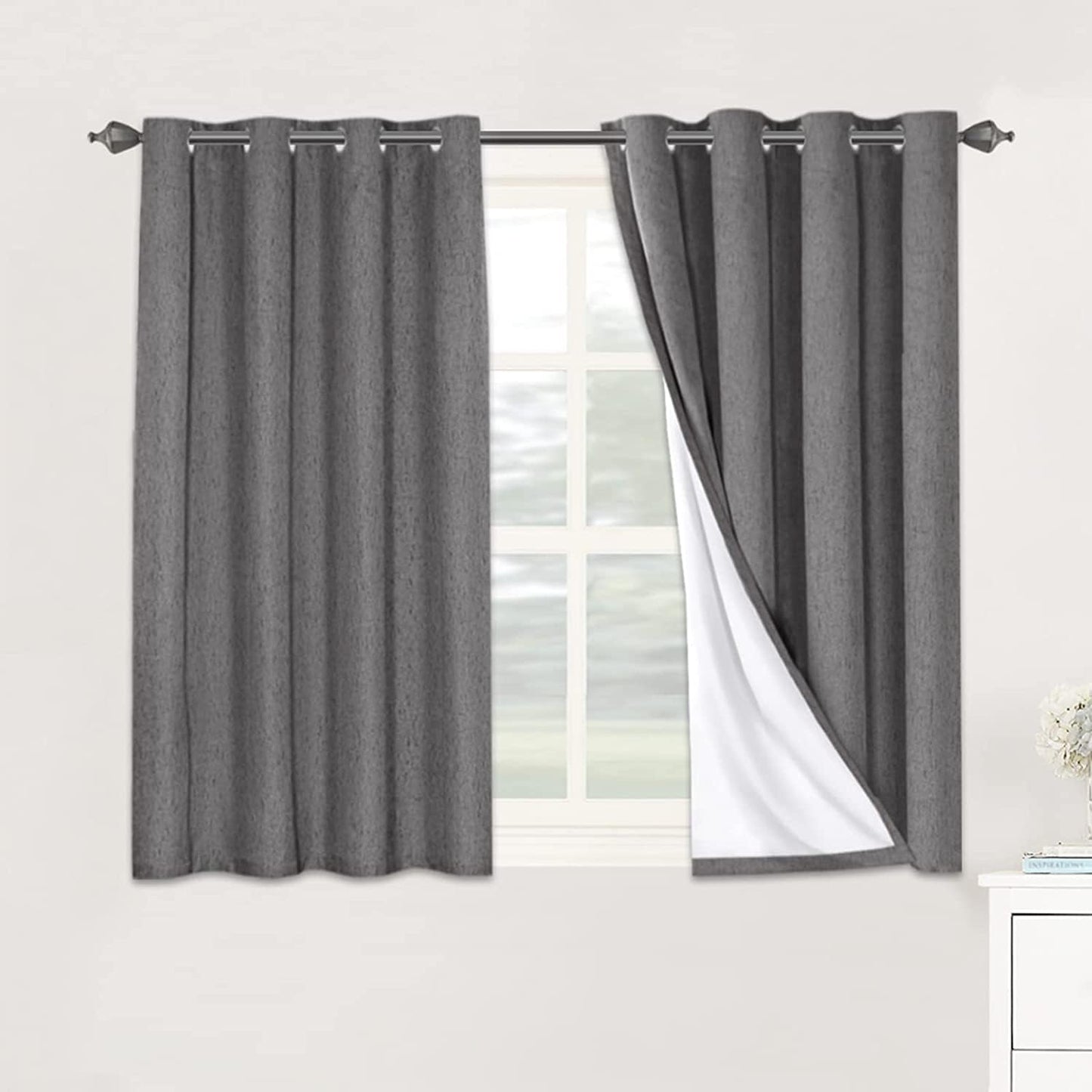 H.VERSAILTEX Linen Blackout Curtains 45 Inches Long 100% Absolutely Blackout Thermal Insulated Textured Linen Look Curtain Draperies Anti-Rust Grommet, Energy Saving with White Liner, 2 Panels, Grey