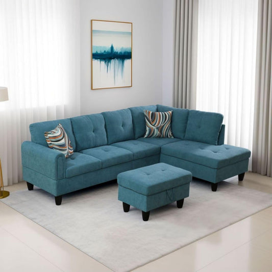 Green L-Shaped 3-Piece Flannel Sofa with Storage Ottoman Set, Sectional Couch Sofa Set for Living Room, Office, Small Space