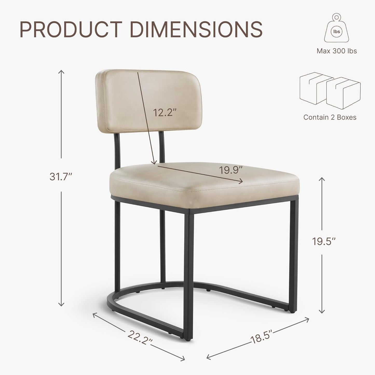 Dining Chairs Set of 6, Upholstered Modern Kitchen Chairs with Ergonomic Backrest, Faux Leather Cushion Seat & Metal Legs for Living Room, Restaurant, and Café, Beige, 2 Boxs