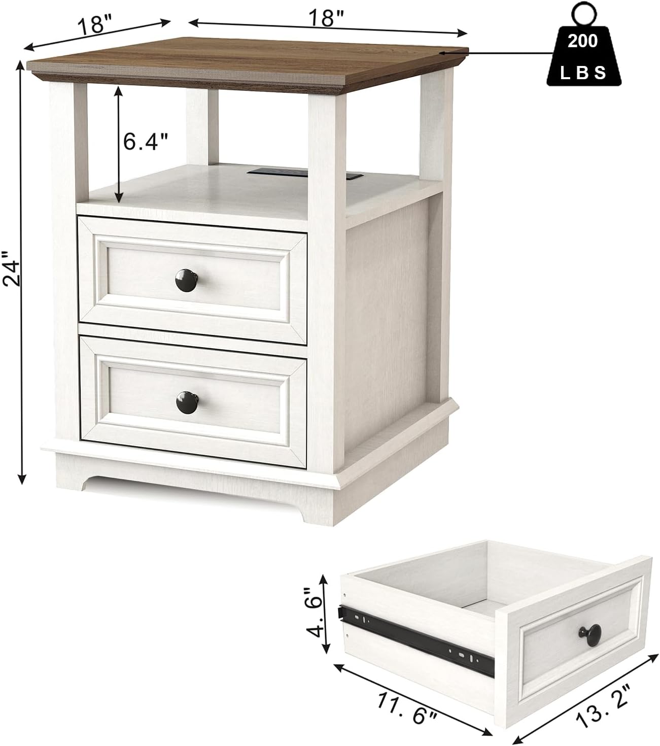 18" Wide End Table with Fast Charging Station Set of 2, 18” Wide Sofa End Table with Drawers,Storage Rustic Wood Storage Cabinet,Sofa Table for Living Room,White