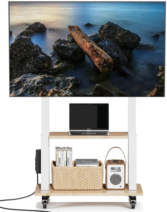Mobile TV Stand with Power Outlet, Wood Shelf Portable TV Stand on Wheels for 32 to 55 65 70 75 inch Television, Height Adjustable White TV Cart, Holds up to 130LBS, Vesa 600×400mm.