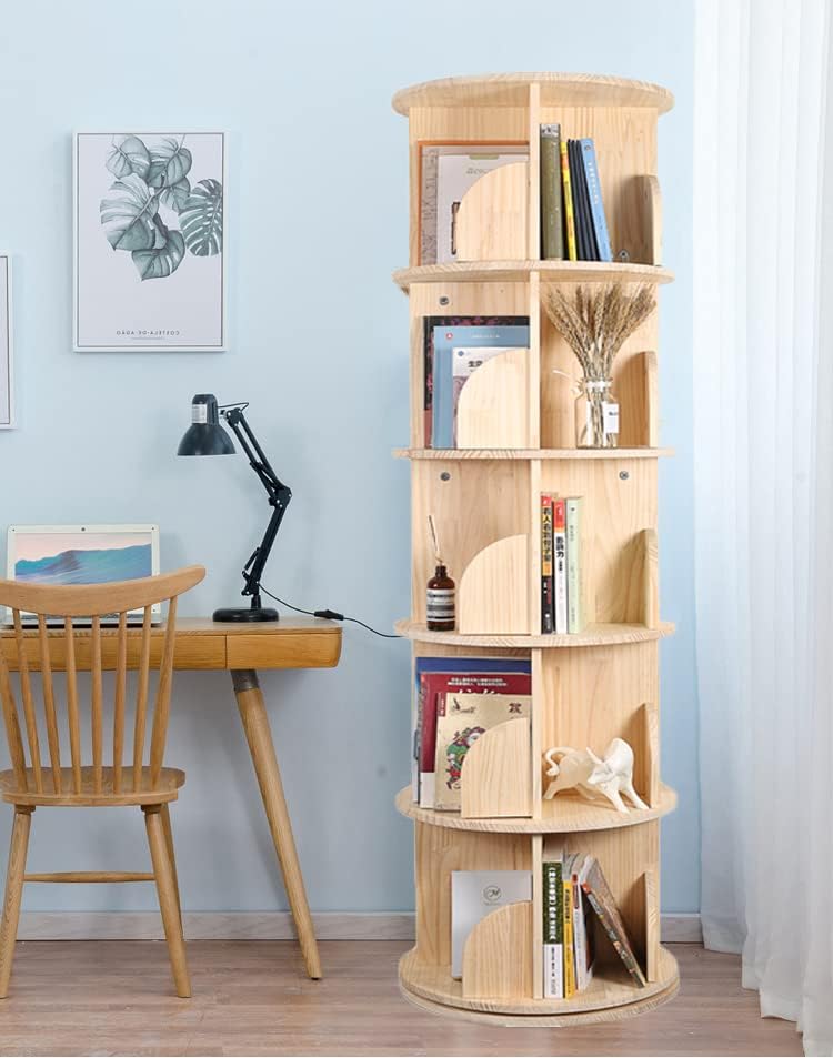 Rotating Bookshelf, 360 Display 5 Tier Floor Standing Bookcase Storage Rack for Kids&Adult, Wood Narrow Book Shelf Organizer for Bedroom, Living Room, Study Room(63 * 17.32 * 17.32inch)
