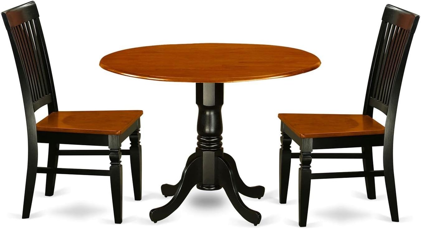 East West Furniture DLWE3-BCH-W 3 Piece Kitchen Table & Chairs Set Contains a Round Dining Table with Dropleaf and 2 Dining Room Chairs, 42x42 Inch, Black & Cherry