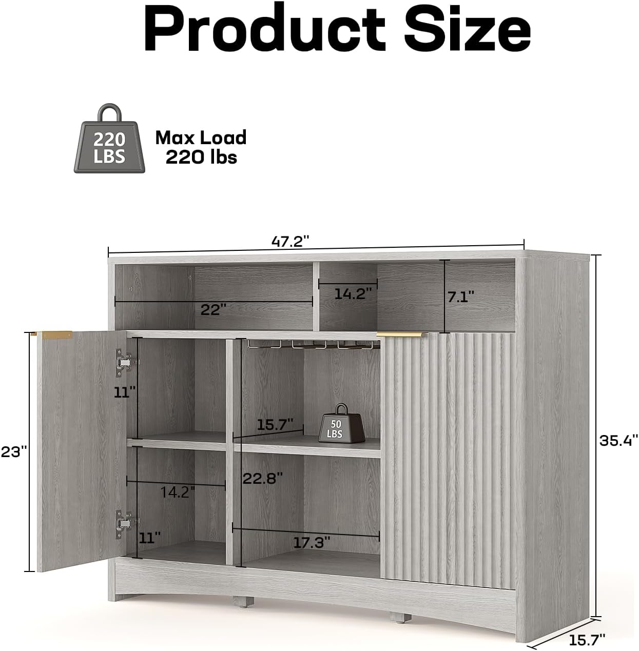 Marsail 47.2" Bar Cabinets with Storage, Modern Buffet Cabinet, Large Sideboard with 2 Fluted Panel Doors, Coffee Bar Cabinet with Adjustable Shelf and Glass Rack for Kitchen, Living Room, Grey