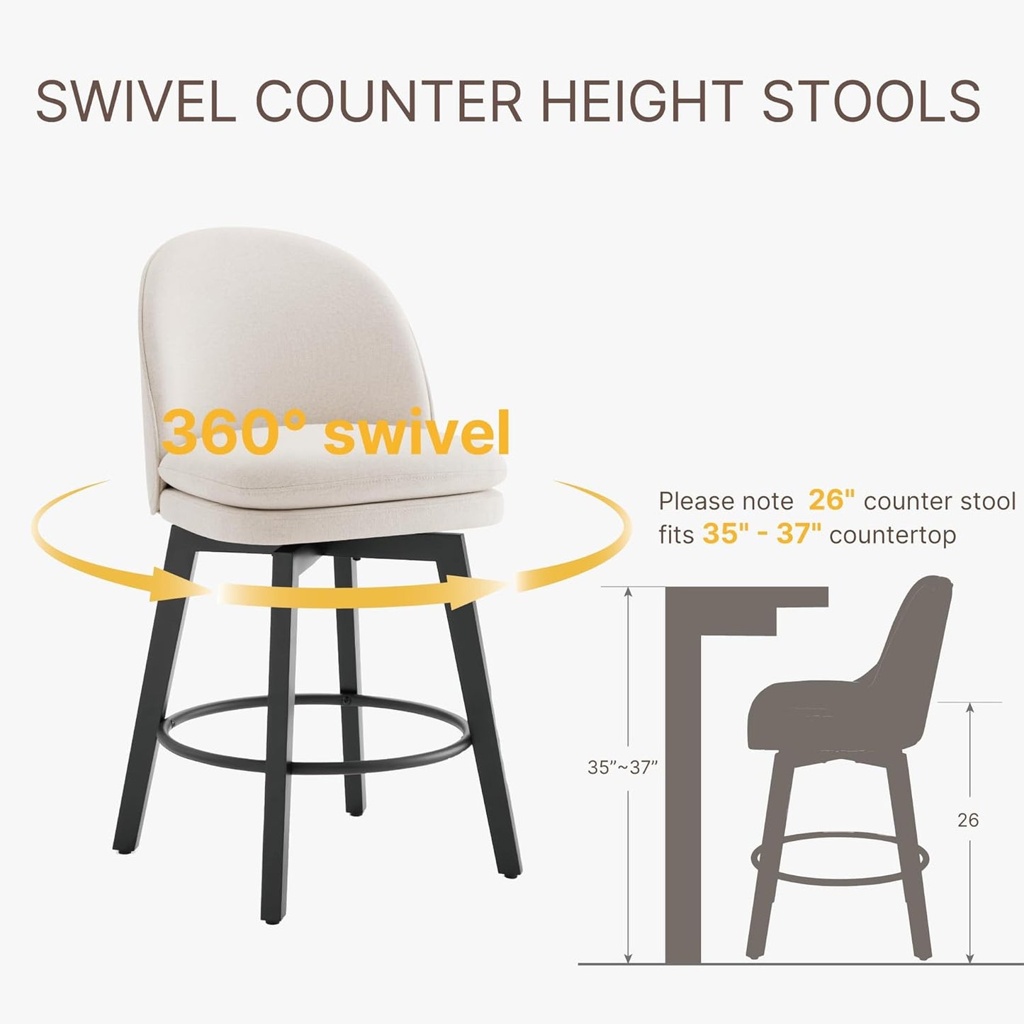 Counter Height Barstools 26 inch Upholstered Swivel Bar Stools with Back and Wood Legs for Kitchen Island,Set of 3,Beige Fabric-Armless