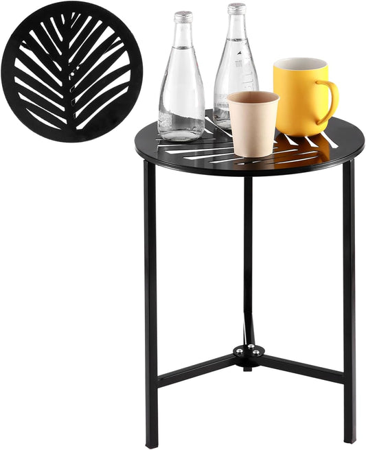 1 Packs 13" Metal Outdoor Side Tables Small Black Outside End Table for Patio Round Accent Corner Stand for Small Spaces Weather-Resistant Coffee Table for Balcony Porch Plant Stand, Leaf
