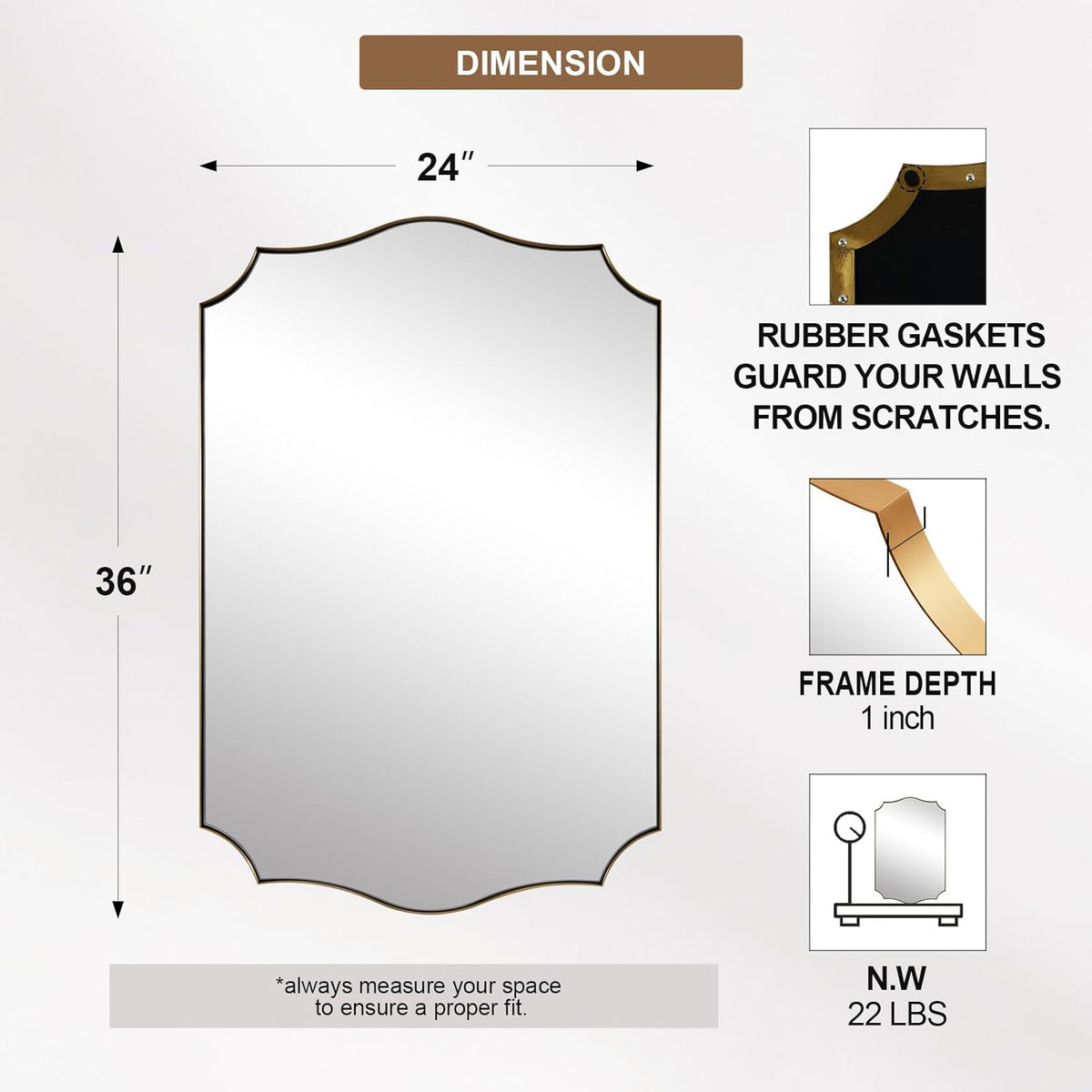 ANDY STAR Bathroom Vanity Mirror, 24x36 Irregular Wall Mirror, Gold Antique Mirror for Bathroom, Asymmetrical Mirror in Anti-Rust Stainless Steel Metal Frame, Wall Mount Horizontal or Vertical