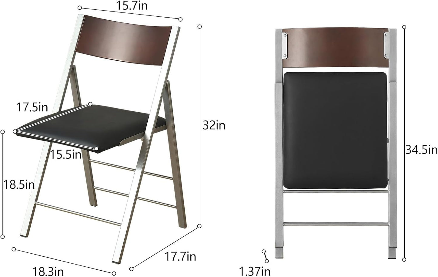 Folding Chairs with Cushion 2 Pack - Heavy Duty Steel Frame Foldable Dining Chairs, Waterproof Leather Indoor Outdoor Comfortable Folding Chairs for Home, Conference Rooms, Weddings, Events (Black)