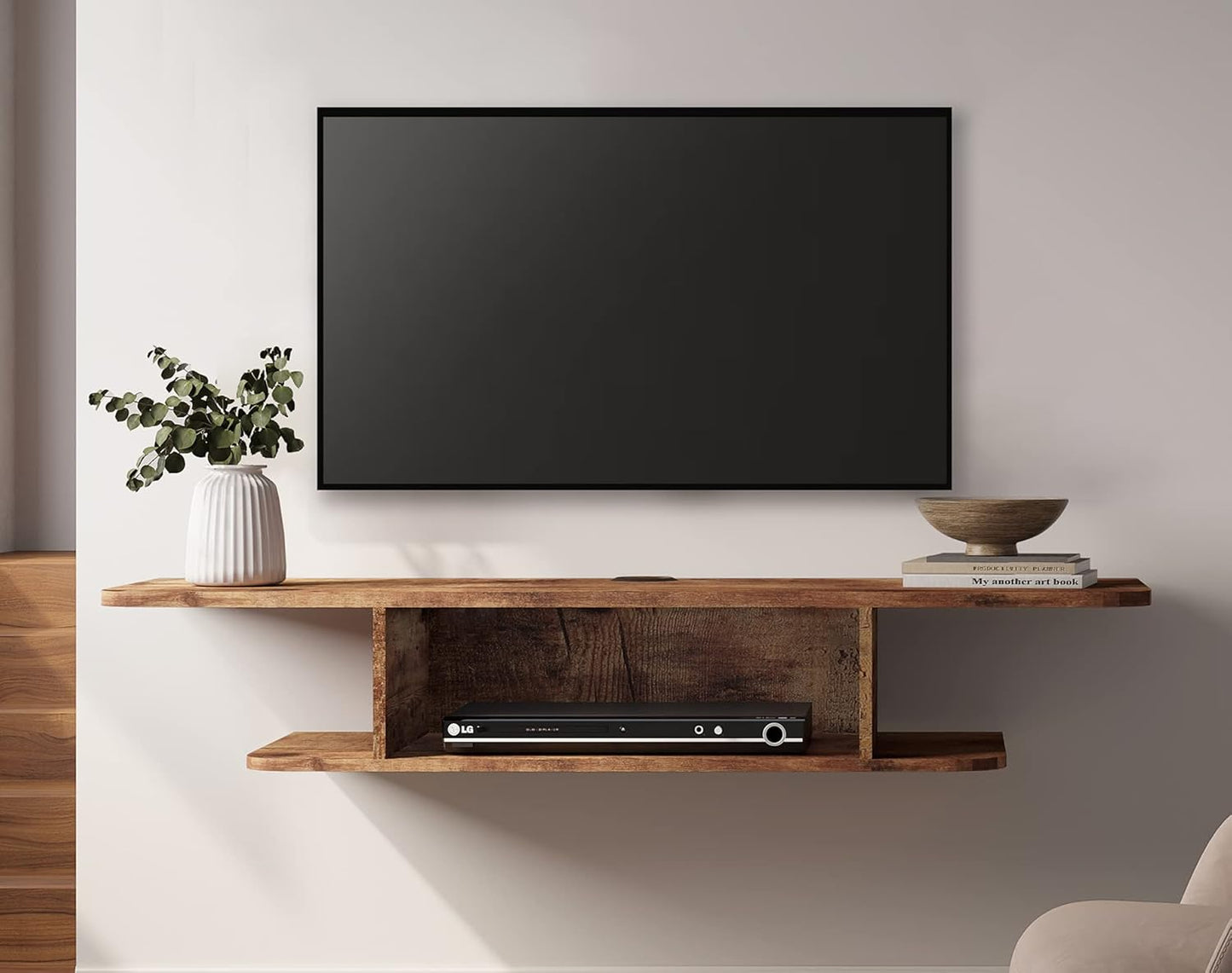 FITUEYES Floating TV Stand Wall Mounted, 2 Tier Floating Entertainment Shelf Under TV for Living Room, Rustic Brown