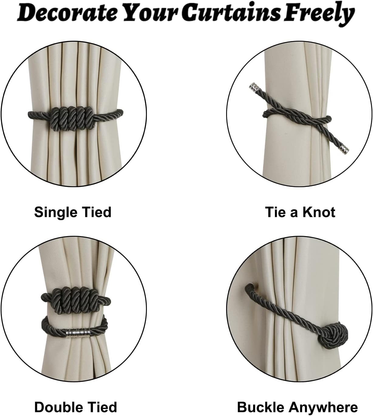 BEL AVENIR Magnetic Curtain Tiebacks, Decorative Drapery Holdbacks Modern Woven Tie-Backs with Exquisite Knot (Charcoal, 2 Pack)