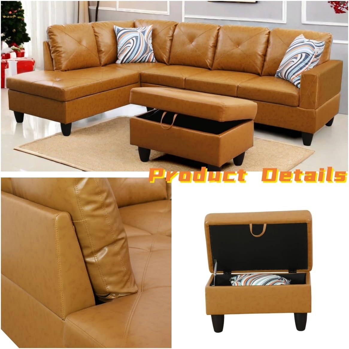L Shaped Sectional Couch with Otttoman, 97" Leather Sectional Sofa for Living Room Modular Couches with Cup Holders for Bedroom, Apartments, Ginger
