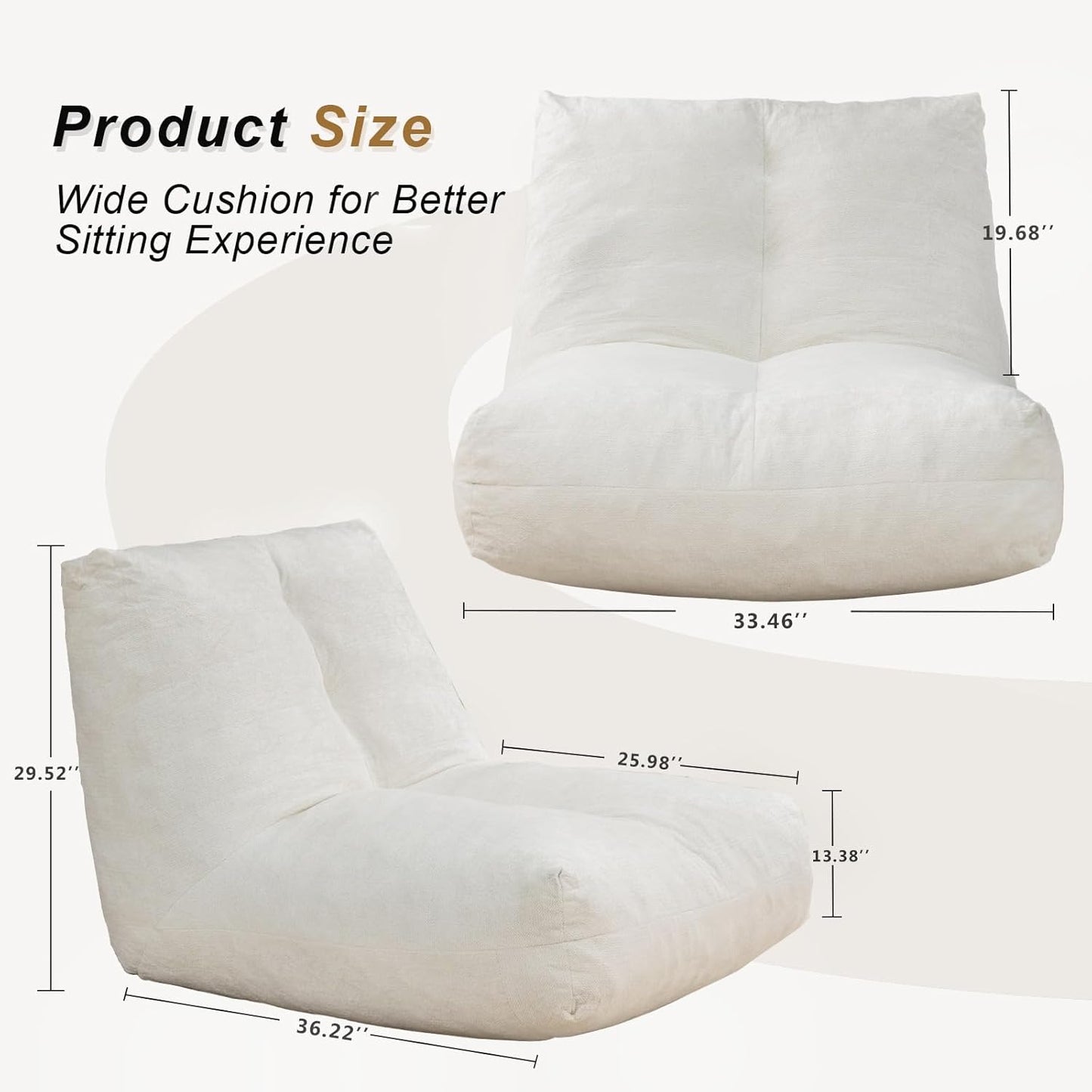 Bean Bag Chairs for Adults, Memory Foam Bean Bag Chair, Spacious Single Sofa, Ergonomic Support Reading Floor Sofa Chair with Filler, Comfy Cozy Beanbag Couch for Bedroom Living Room (Beige)