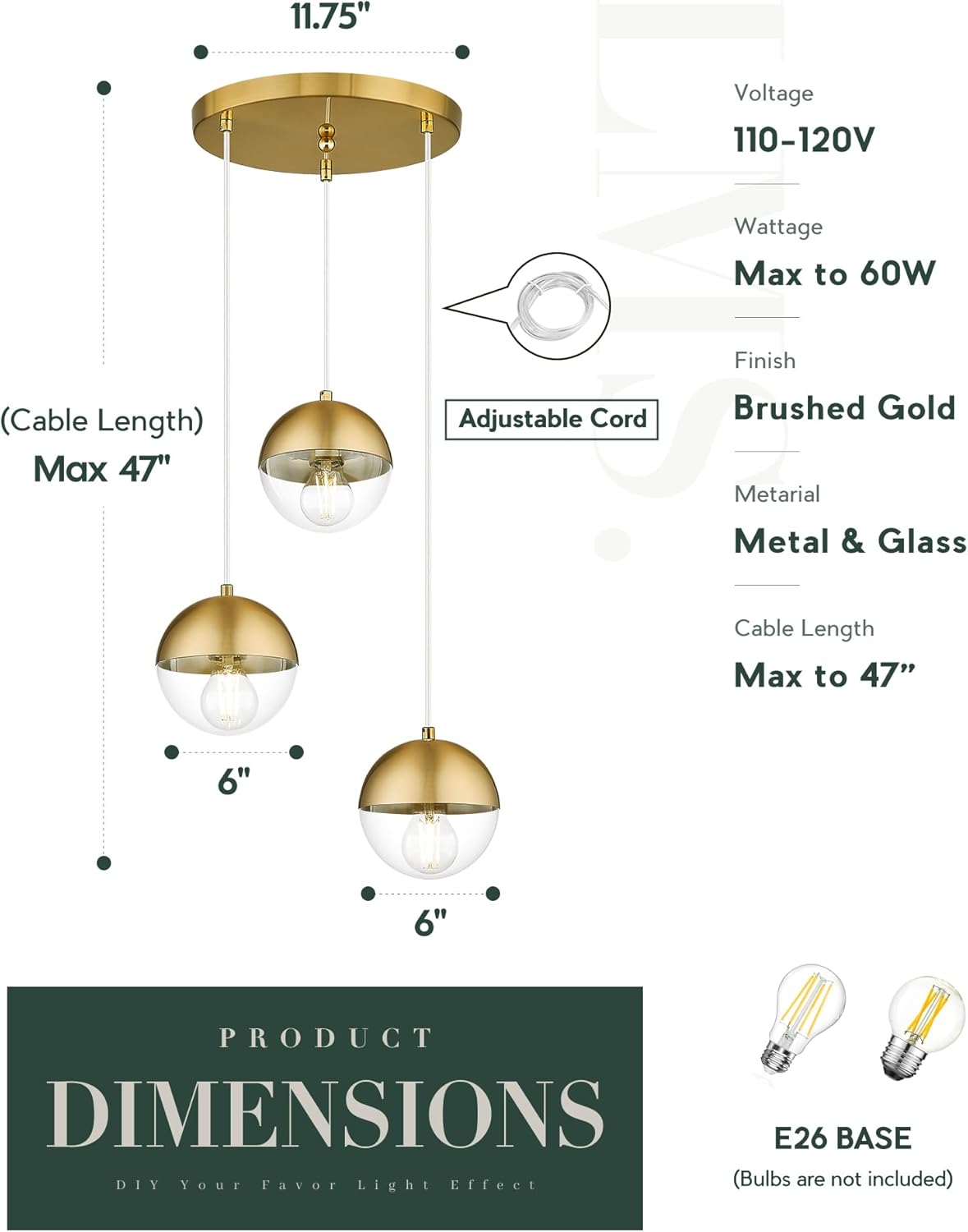 LMS Brushed Gold 3-Light Cluster Pendant Lights, Modern Dining Room Light Fixtures Over Table with Clear Globe Glass, Adjustable Hanging Cord Ceiling Light for Dining Room Kitchen Island, LMS-186BGC3