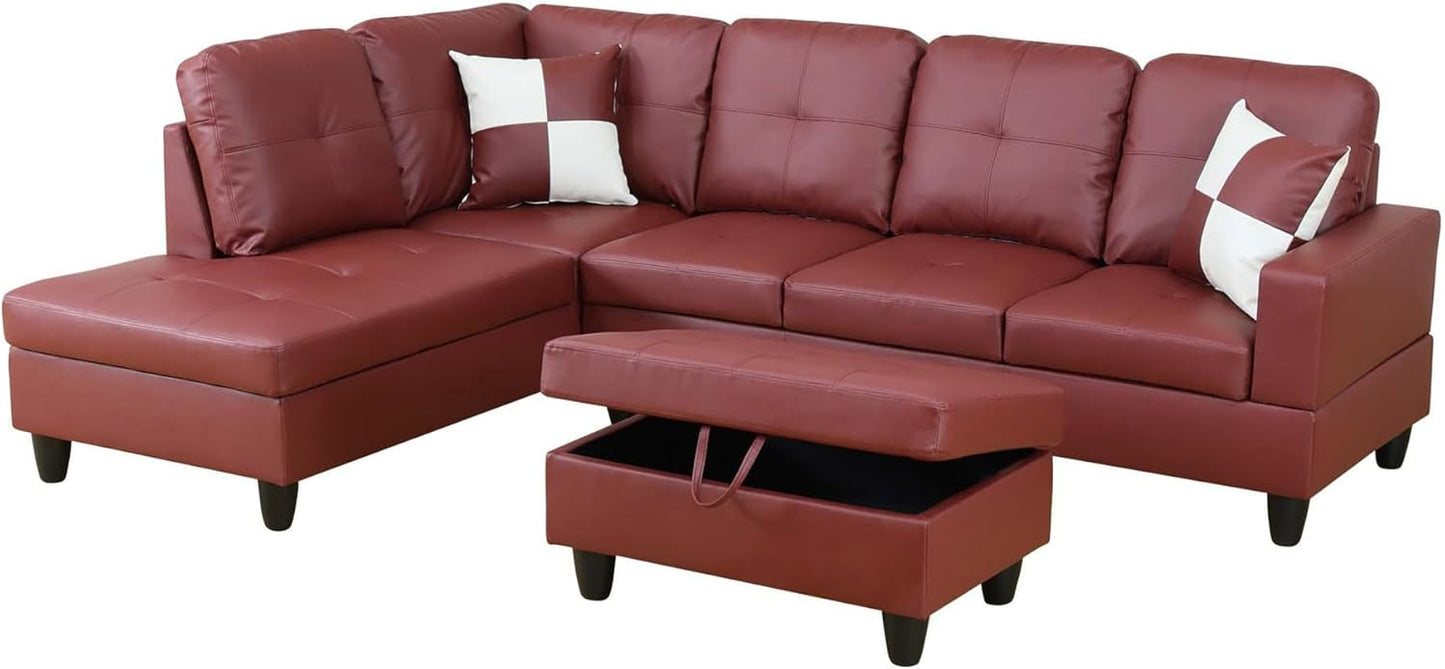 Osparple L Shaped Couch Faux Leather Sectional Couches for Living Room Upholstered 3 Pieces Modular Sectional Sofa with Chaise, Ottoman with Storage for Living Room and Small Apartment, Dark Red