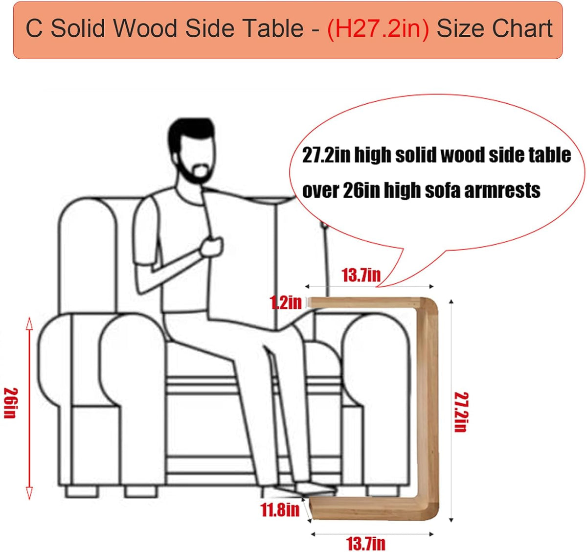 C Shaped End Table, Solid Wood C Side Table for Couch Sofa and Bed, Sofa Tables That Slide Under for Space Saving, Small Snack C Tables for Living Room Bedroom (H 27.2″ - Wood, 2)