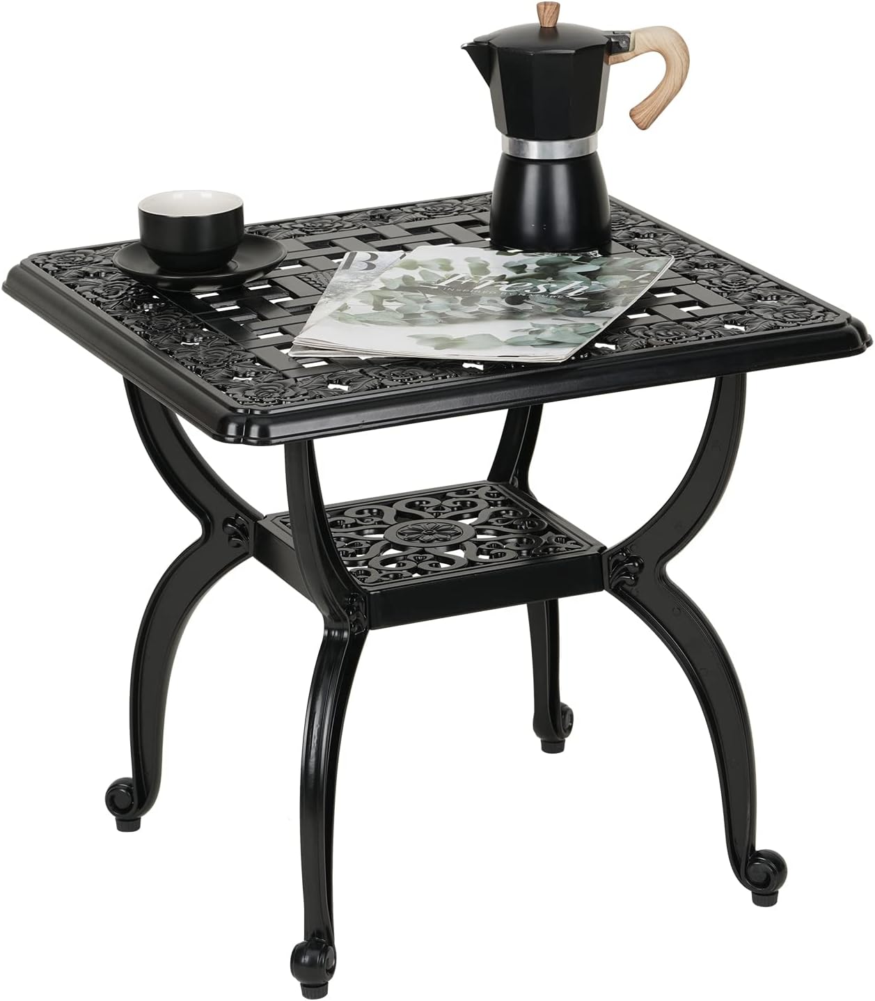 JARDIN DE CENTENNIAL Cast Aluminum Outdoor Side Table,Anti-Rust Outdoor End Table,Patio Coffee Bistro Table for Indoor,Garden,Porch,Balcony(Square Black)