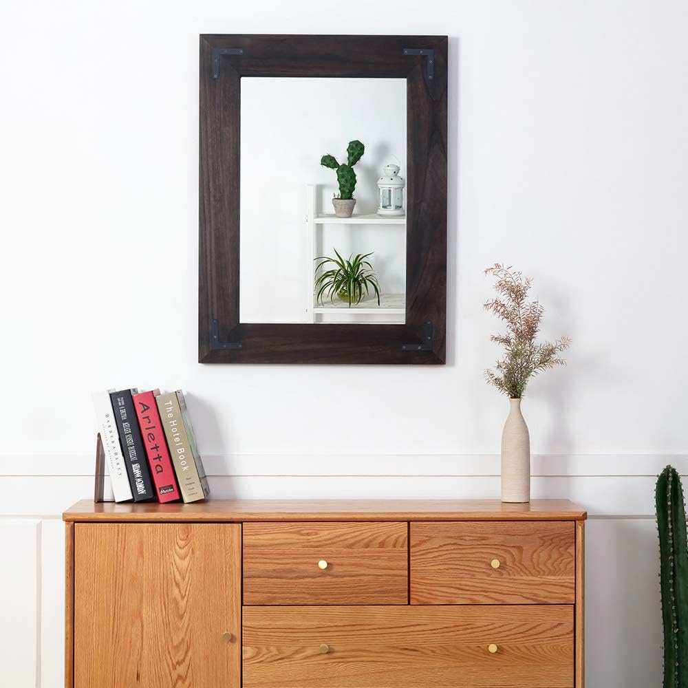 YOSHOOT Rustic Wooden Framed Wall Mirror, Natural Wood Bathroom Vanity Mirror for Farmhouse Decor, Vertical or Horizontal Hanging