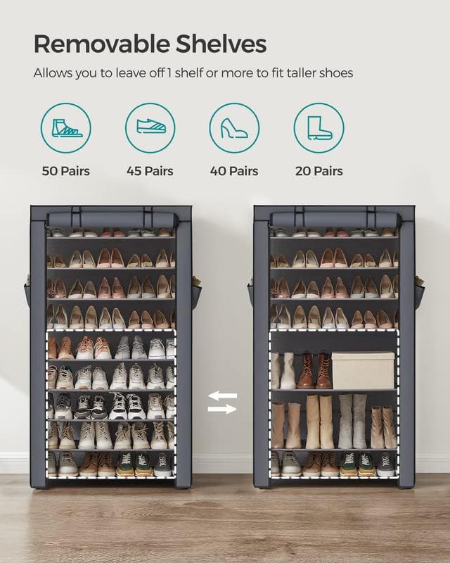 SONGMICS Shoe Rack with Non-Woven Fabric Cover, 9 Tier Storage Shelf for 40-50 Pairs of Shoes, Entryway, Suitable for Sneakers, High Heels, Flats, and Boots, Grey RXJ36G01