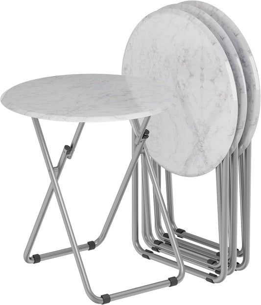 TV Trays Table Set of 4 Round Portable Folding TV Tray Table TV Dinner Tray with Sturdy MDF, No Assembly Required, 17.5 x 17.5 x 26 in (White Marble, 4Pcs)