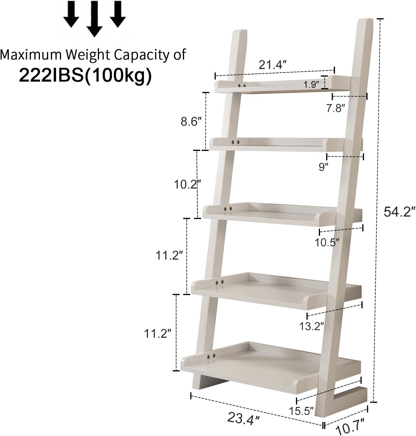 White Wooden Ladder Shelf with Edges, 5-Tier Modern Leaning Bookshelf Ladder – Stylish Space-Saving Bookcase for Living Room, Bedroom & Home Office