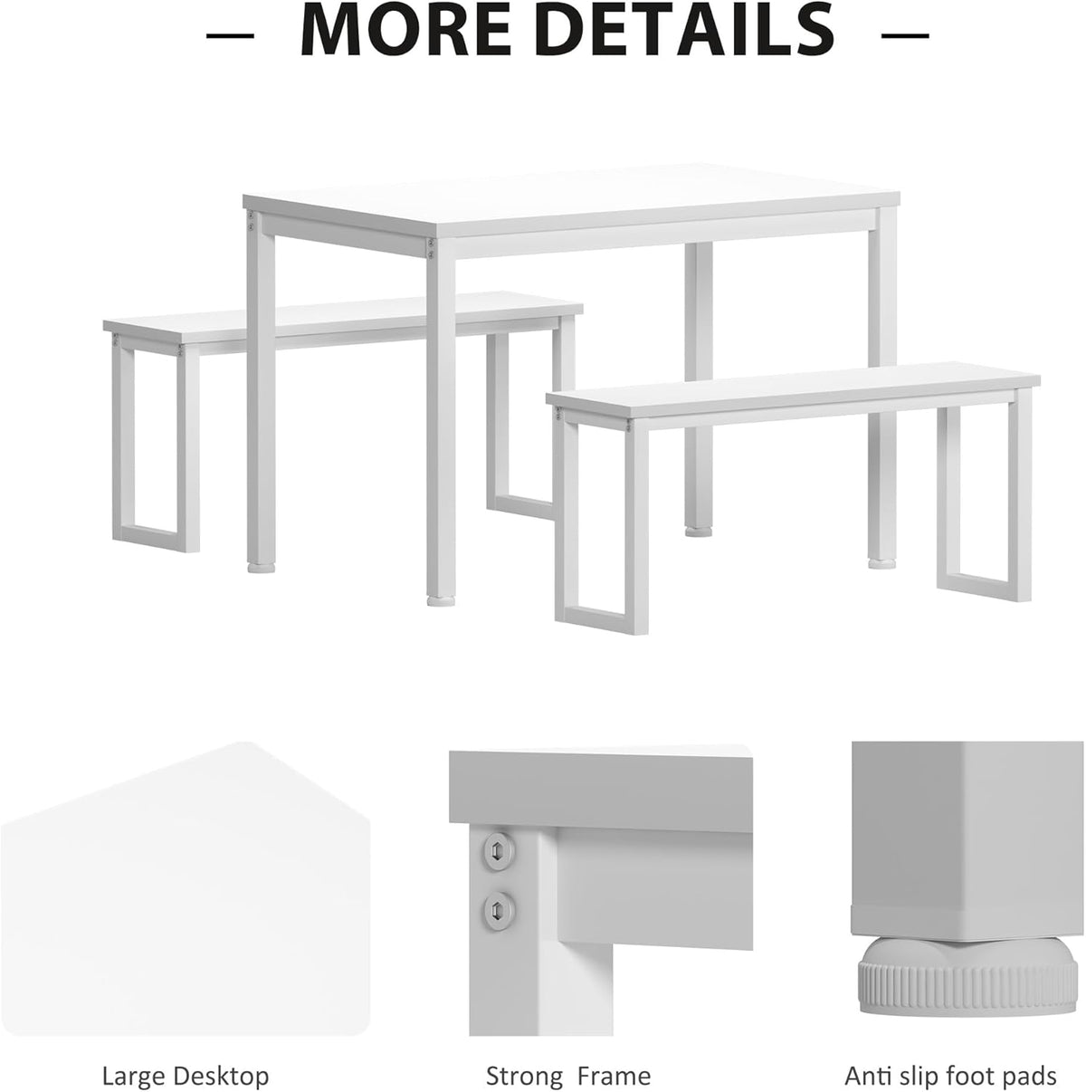Soges Industrial Style White Dining Table Set for 4, 3 Piece Rectangular Wooden Table and Long Benches, Kitchen and Dining Room Set