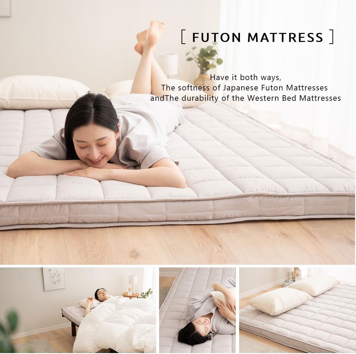EMOOR Japanese Padded Futon Mattress Machi Queen Gray, Gusset Foldable Storable Elastic Bands Floor Sleeping Guest Bed Tatami Mat