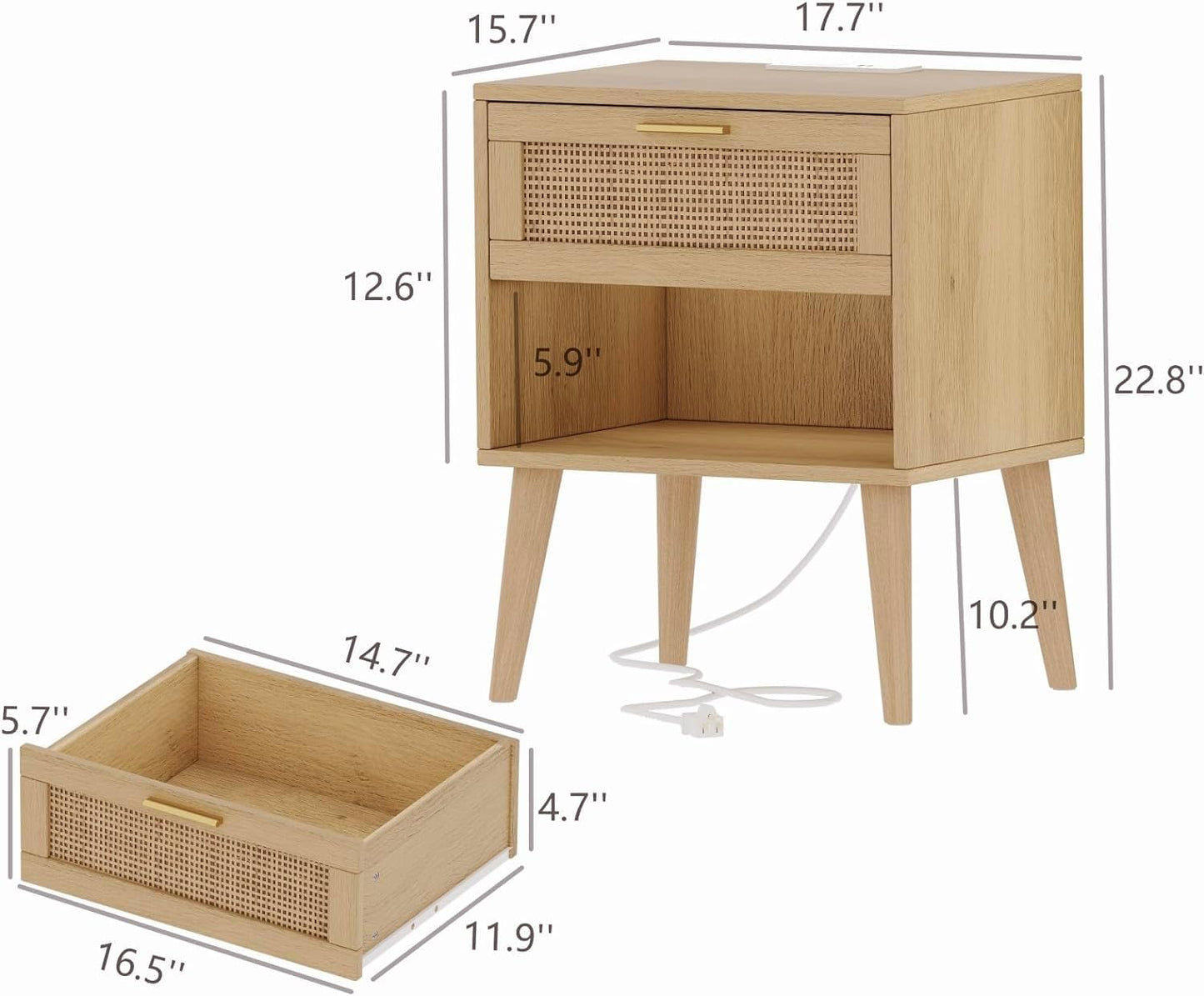 Irontar 17.7''L Nightstand Set of 2, Bedroom Night Stand with Charging Station & Rattan Drawer, Boho Style Bed Side Tables with Solid Legs, Accent End Table with Open Storage, Natural BZZ007ME02