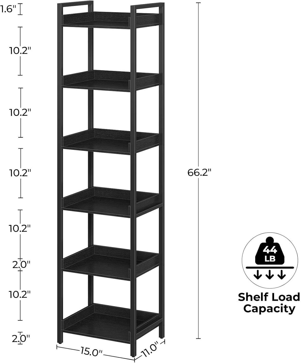 Rolanstar Bookshelf, 6-Tier Storage Rack, Narrow Corner Bookshelf, Display Wooden Shelves for Living Room, Bathroom, Balcony, Kitchen,Black