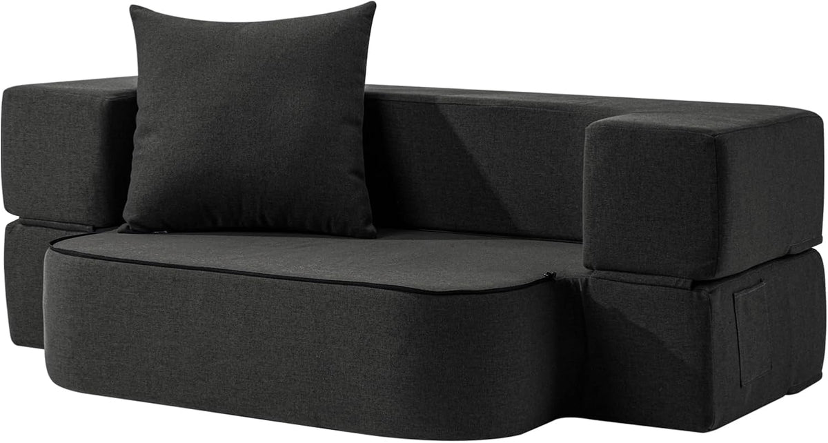 2-in-1 Folding Sofa Bed with Pillow - Folding Chair Floor Couch & Sleeping Mattress - Washable Cover & Memory Foam Sleeper Chair for Living Room/Guest Room/Apartment/Loft, Dark Gray