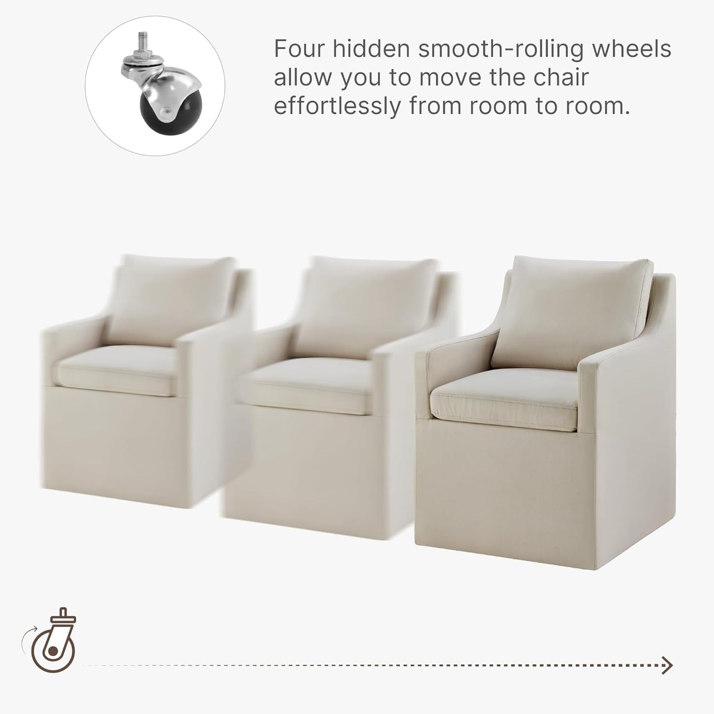 Upholstered Dining Chairs with Casters Washable Cover Side Deskchair with Rollers for Diningroom, Living Room, Flax Beige, 1 Box