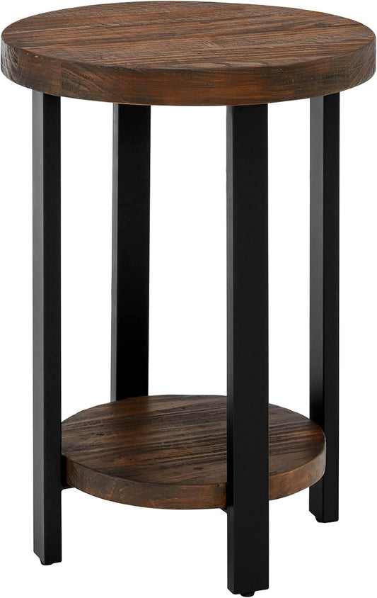 Pomona 20 in. Round End Table with 2 Shelves, Solid Wood Top, Metal Legs, Rustic Natural Brown Finish - Living Room Furniture