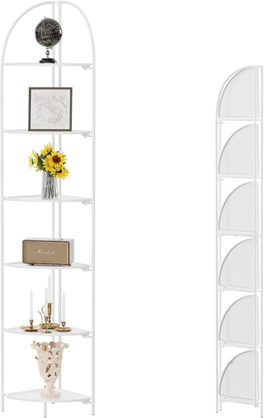 Crofy Foldable 6 Tier Corner Shelf, Metal Corner Plant Stand with White Frame and White Shelves, Corner Display Rack Multipurpose Shelving Unit for Living Room, Bedroom, Bathroom