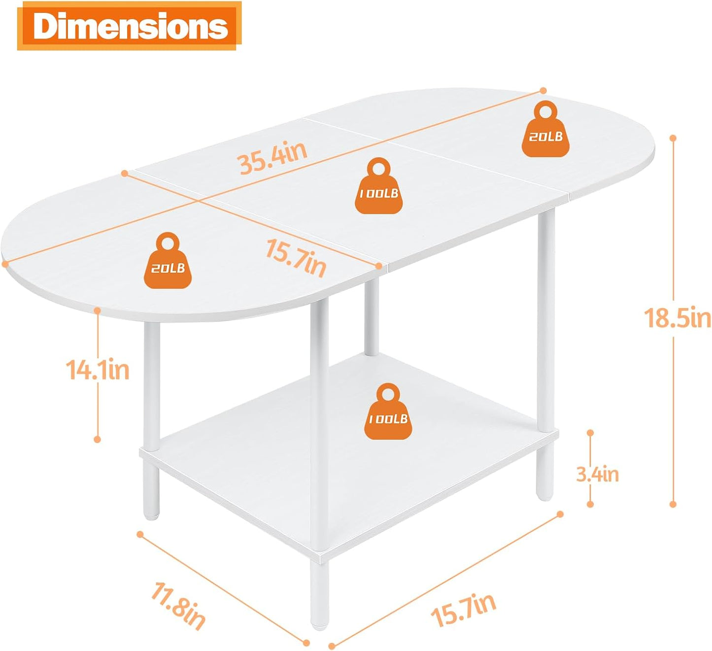 White Coffee Tables for Living Room,2-Tier Small Coffee Table Industrial Modern Oval Center Table with Storage Shelf and Wood Tabletop,for Small Space,Home Office