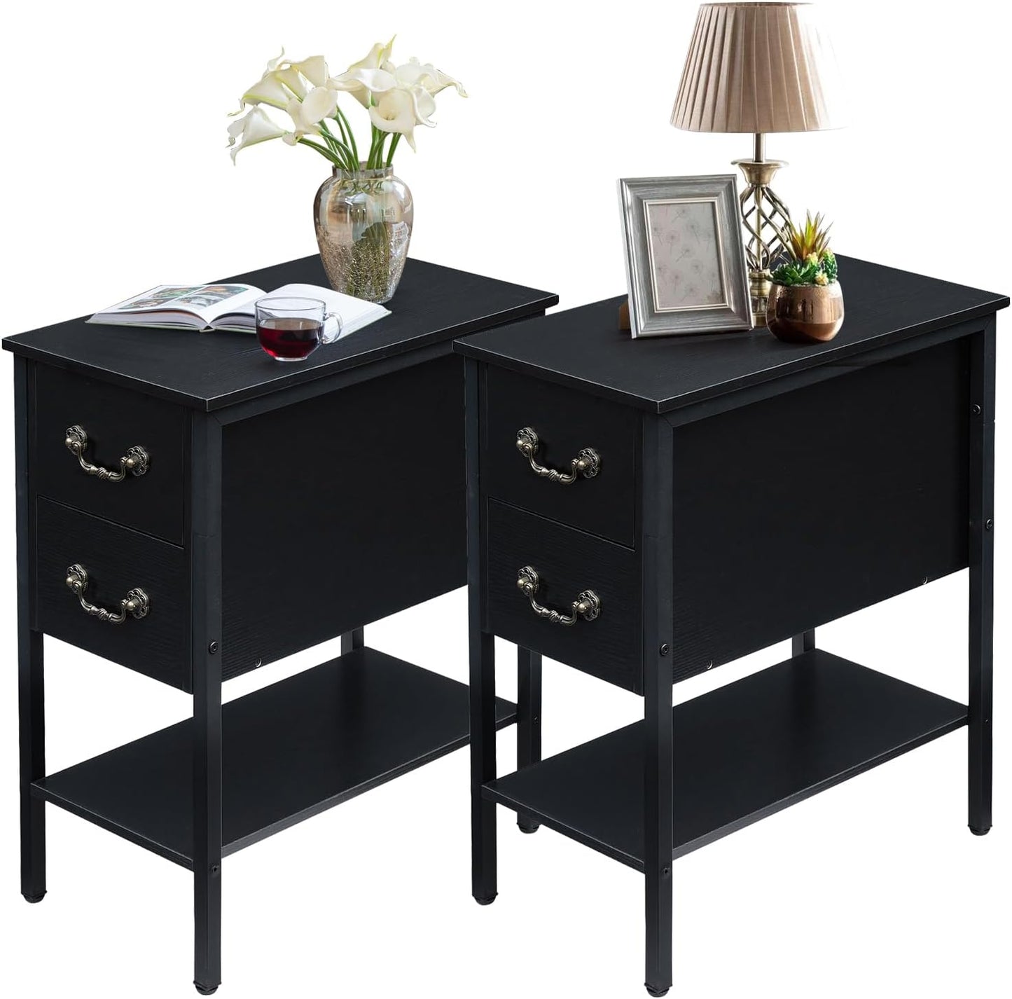 VECELO End Tables,Narrow Nightstand with Drawers and Storage Shelf,Modern Night Stand for Small Spaces, Living Room,Bedroom