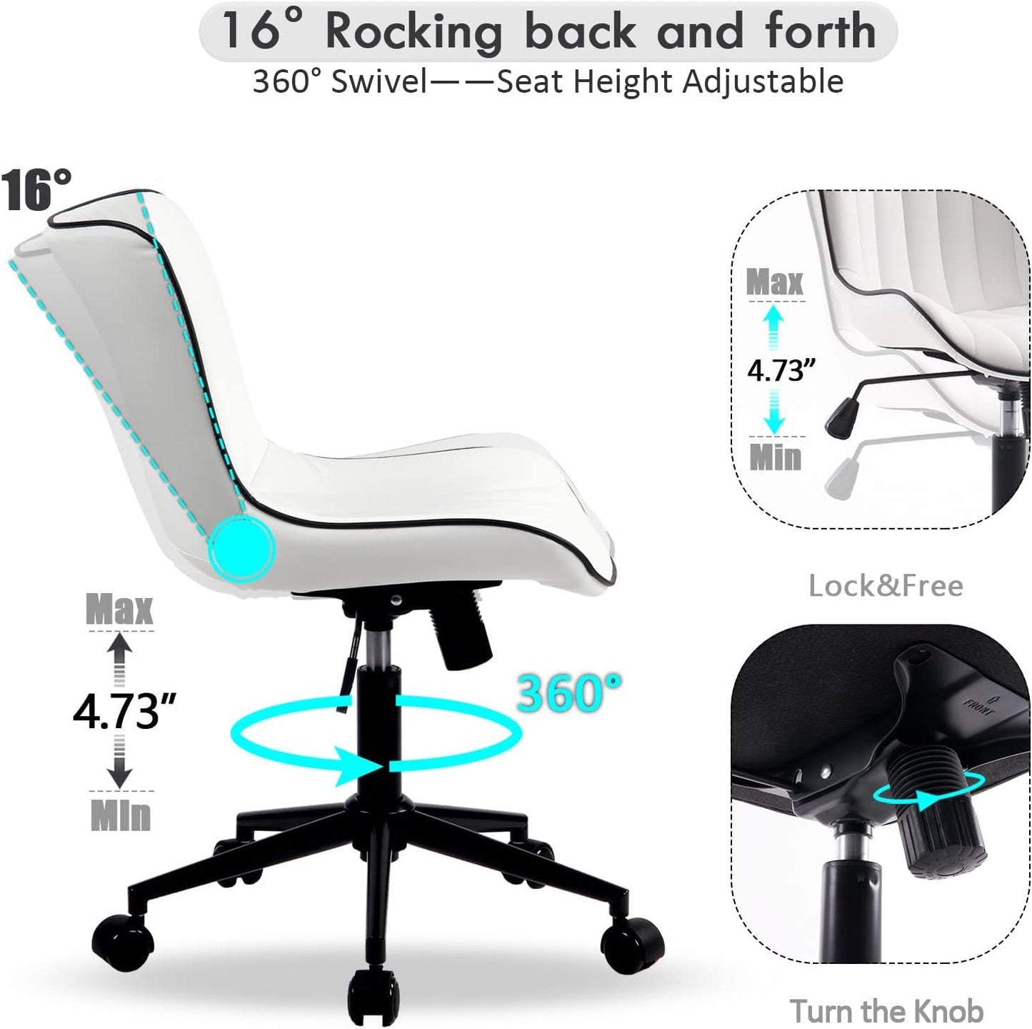 YOUNIKE Ergonomic Home Office Desk Chair with Wheels White Comfy Armless Vanity Chair with Back Modern Faux Leather Upholstered Task Chair Small Cute Rolling Drafting Chair No Arms Adjustable Swivel