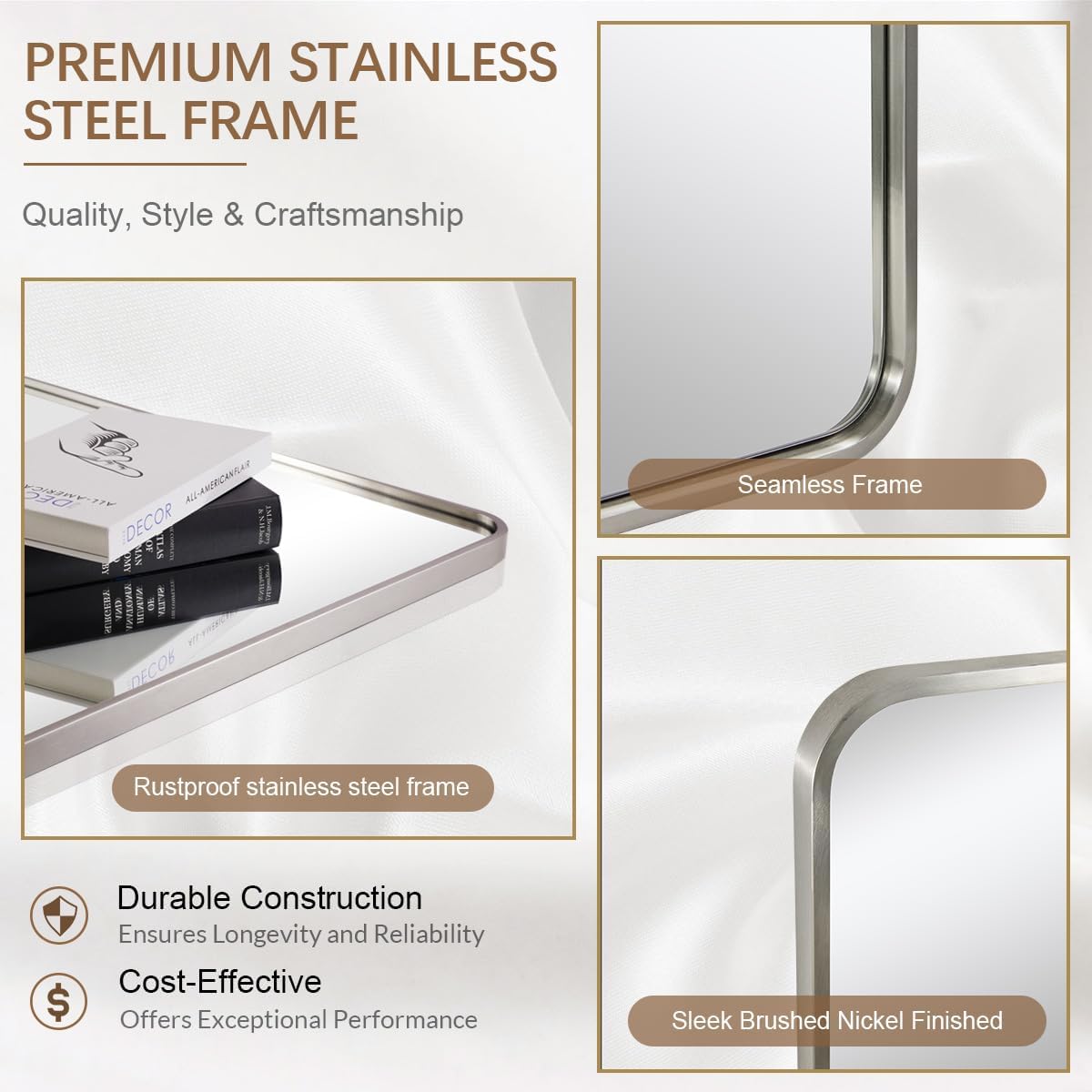 ANDY STAR 48x32 Inch Brushed Nickel Bathroom Mirror, Rounded Rectangle Bathroom Vanity Mirrors for Wall, Anti-Rust SUS304, Seamless Tube Metal Frame, 1’’ Deep Wall Mounted Vertically/Horizontal