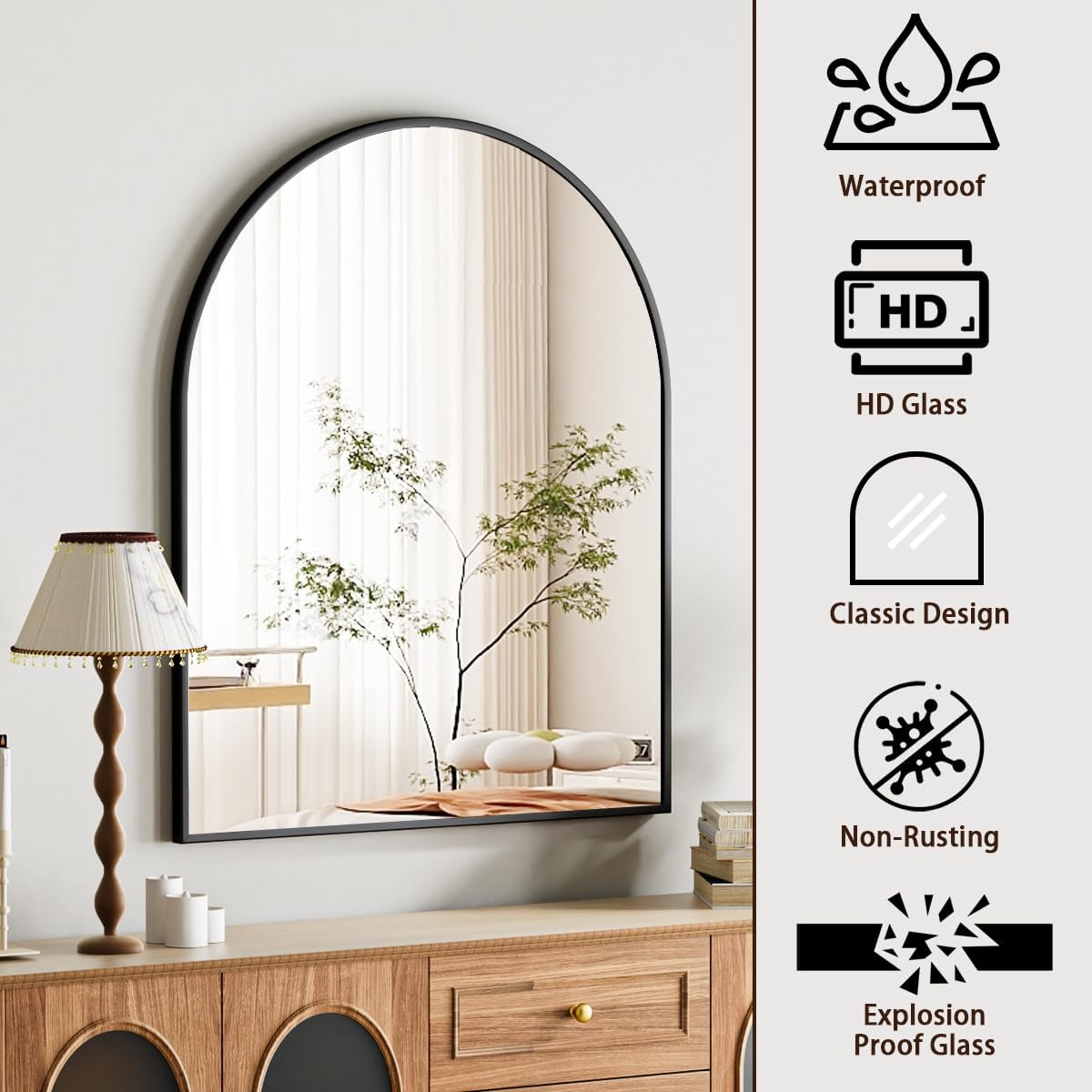 Arched Bathroom Mirror, 32x34 Inch - Wall Mounted Vanity Mirror with Aluminum Alloy Frame - Ideal for Living Room, Bedroom, Bathroom, and Entryway, Hanging or Leaning, Black