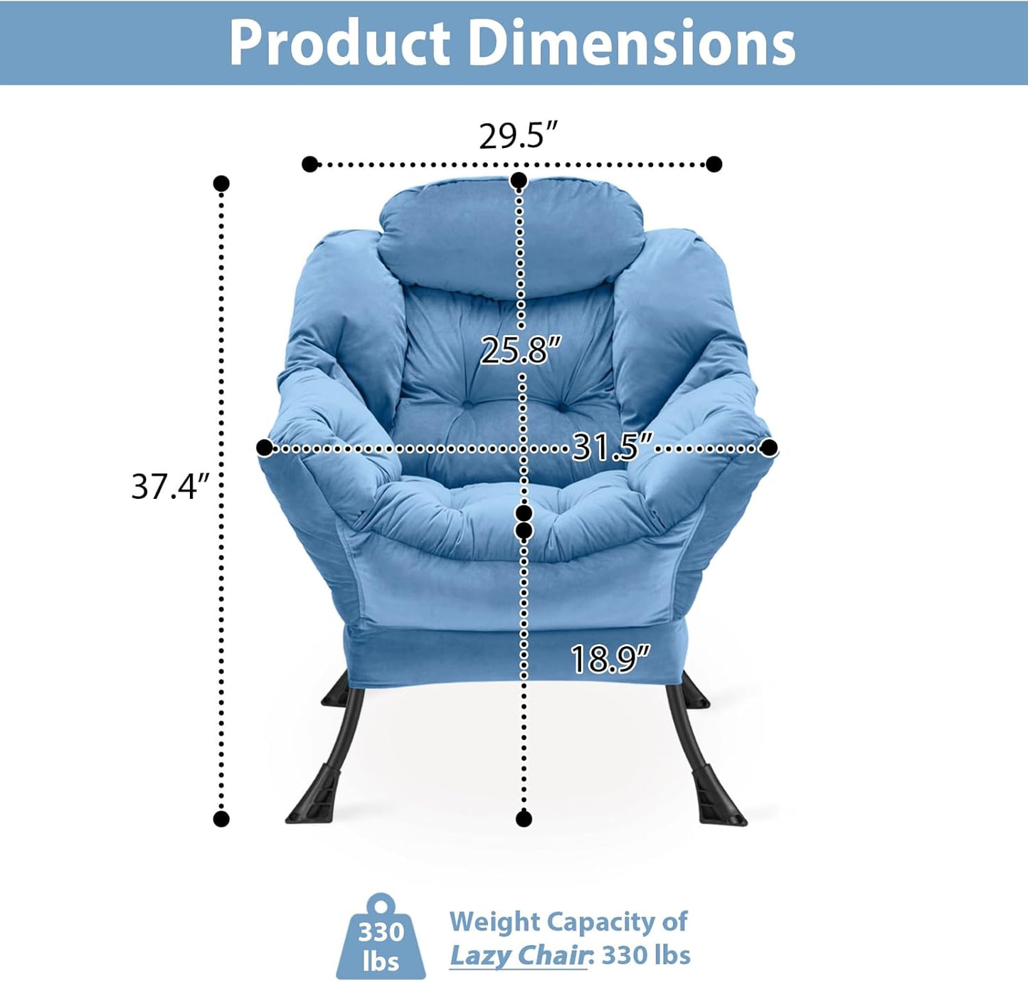 Lazy Chair Thick Padded, Comfy Velvet Accent Lounge Chair with Stable Frame, Leisure Sofa Armchair with Armrests and Side Pocket, Reading Chair for Bedroom, Living Room, Office, Light Blue