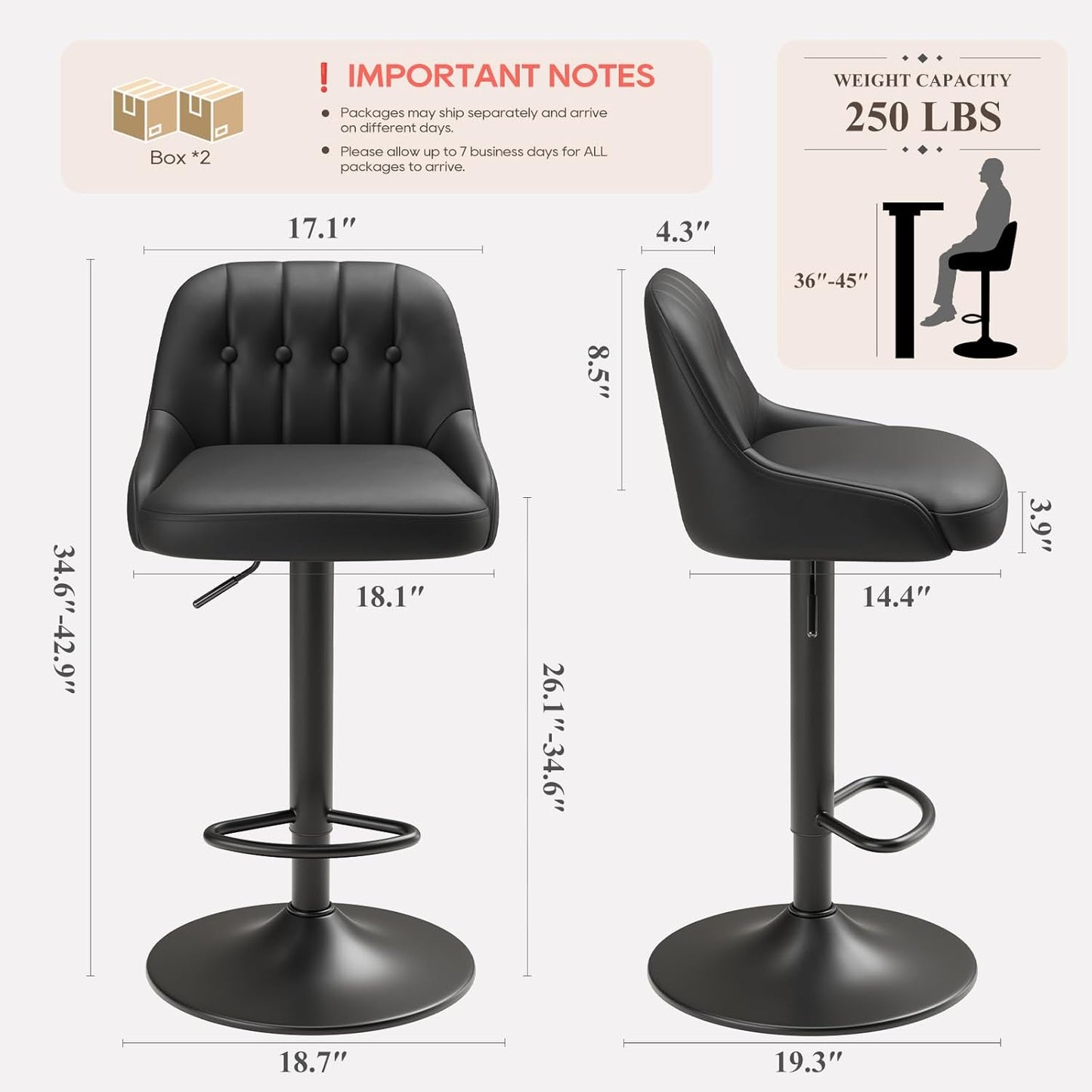 Bar Stools Set of 4, Swivel Bar Chairs, Modern Adjustable PU Leather Upholstered Barstools Counter Height with Tufted Back for Bar, Kitchen Counter Island, Dining Room, Black
