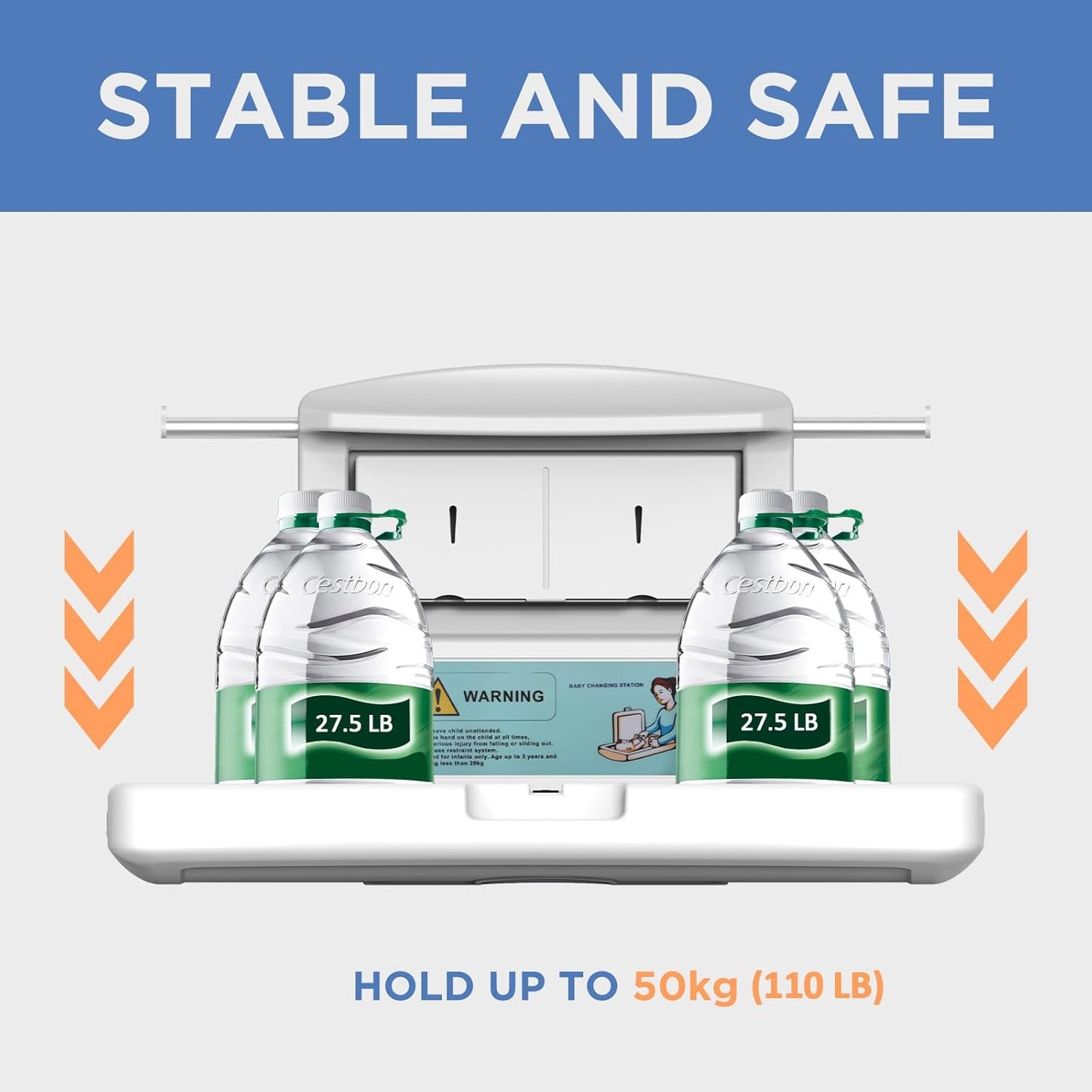 Commercial Baby Changing Station, Wall Mounted Horizontal Baby Changing Table with Safety Strap, Foldable Diaper Tables for Bathroom, White