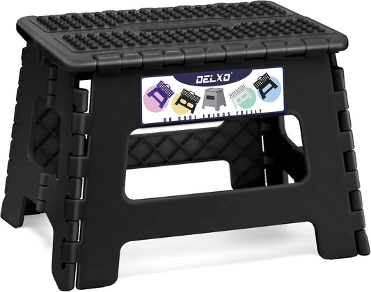 Delxo Folding Step Stool 9 Inch Non-Slip Foldable Stools Up to 300 LBS Kitchen Collapsible Fold Up Stepping Stool with Dotted 1 Pack Black