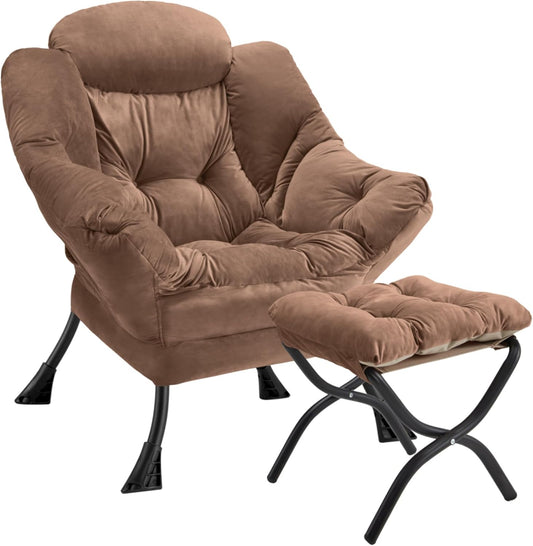 Lazy Chair with Folding Ottoman Modern Large Accent Chair,Contemporary Lounge Leisure Sofa Chair with Armrests Upholstered Sofa Armchair Reading Chair for Bedroom,Dorm & Office(Dark Brown-f)