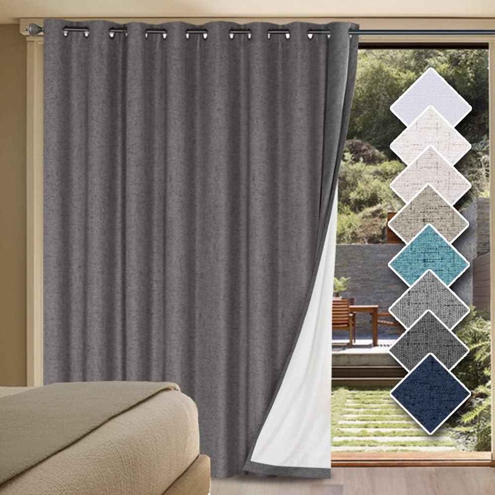 H.VERSAILTEX Linen Blackout Curtains Durable Thick Textured Linen Look 100% Blackout Patio Door Curtain Anti Rust Grommet Extra Wide Sliding Door Curtain Panel, W100 x L108 inch - Grey