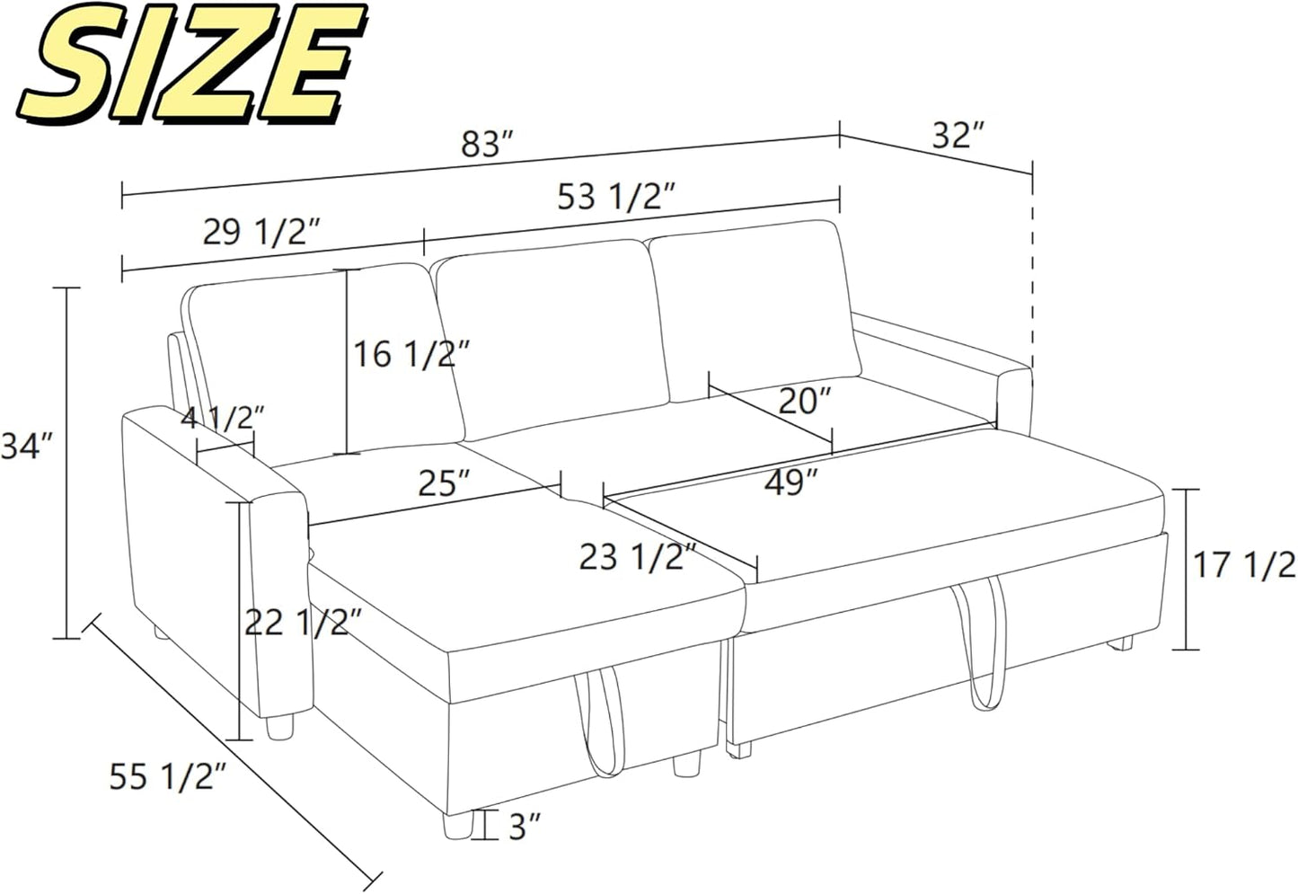 Sofa Bed Pull Out Couch, Convertible L Shaped Sleeper Sofa with Storage Chaise, Modern Lounge Small Sectional Couches for Living Room Small Spaces, Grey