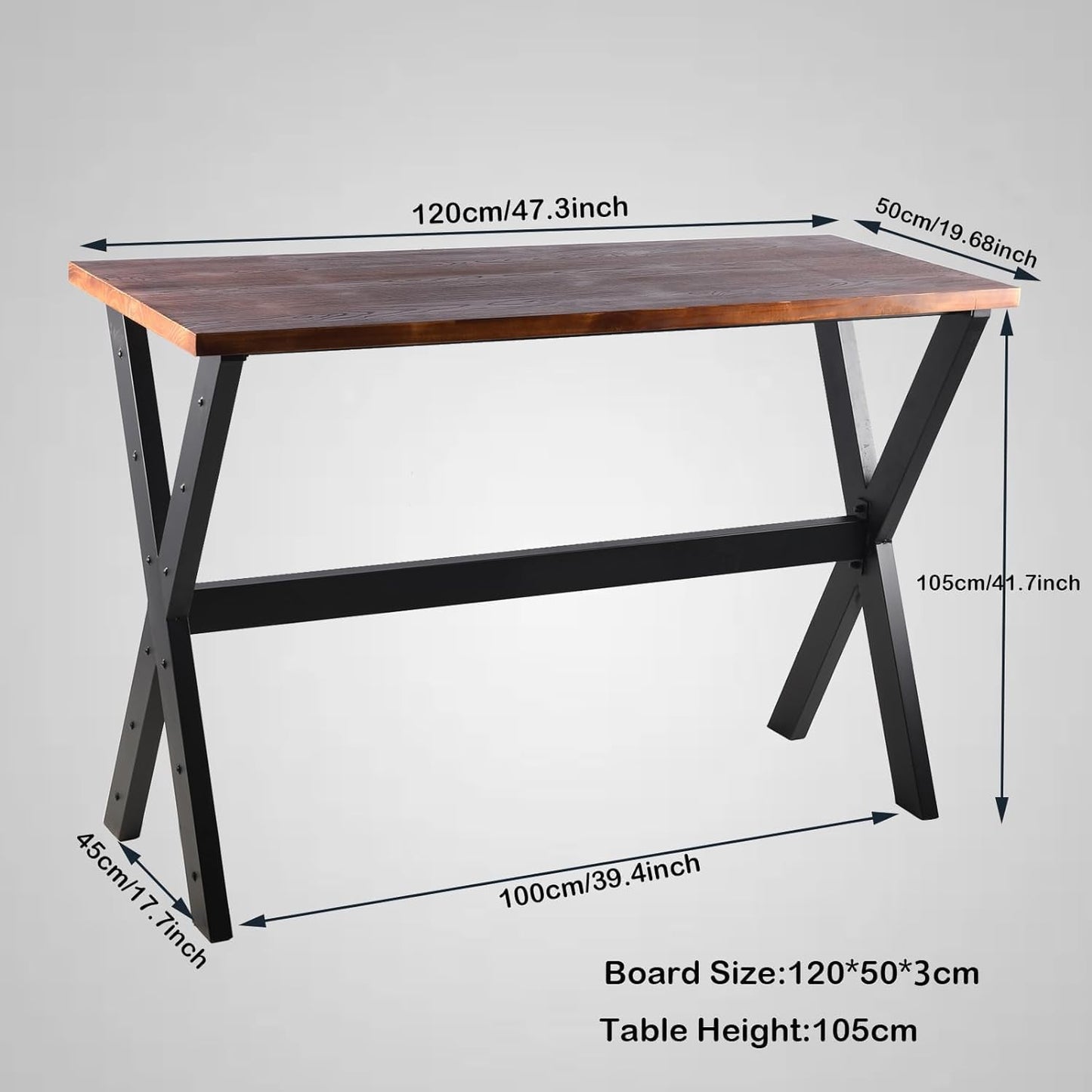 Bar Table, 47.24"L×41.33"H Bar Height Pub Table High Top Rectangular Sofa Console Table Kitchen Dining Coffee Table, for Narrow Space, Living Room, Indoor, Rustic Brown Wood, Industrial Black Metal