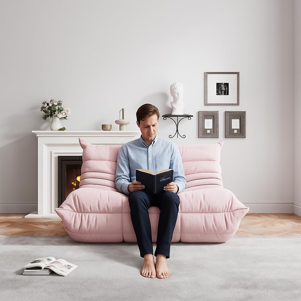 Bean Bag Chairs for Adults, Memory Foam Couch Loveseat Sofa Chair, Soft Teddy Material Cozy Comfy Reading Nook Chairs, Floor Chair for Living Room Bedroom Office(Pink)