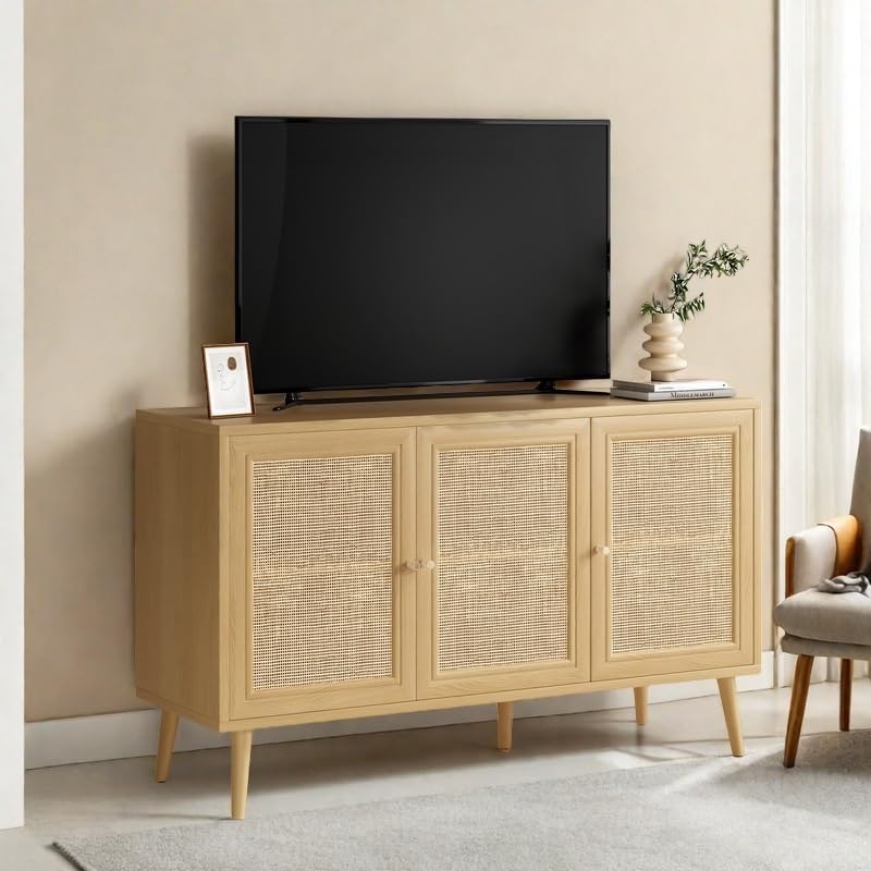Rattan Entryway Table, Entertainment Center with Adjustable Shelf, Sideboard Buffet Cabinet with 3 Rattan Doors, Modern Console Cabinet with Large Storage for Living Room, Kitchen, Brown