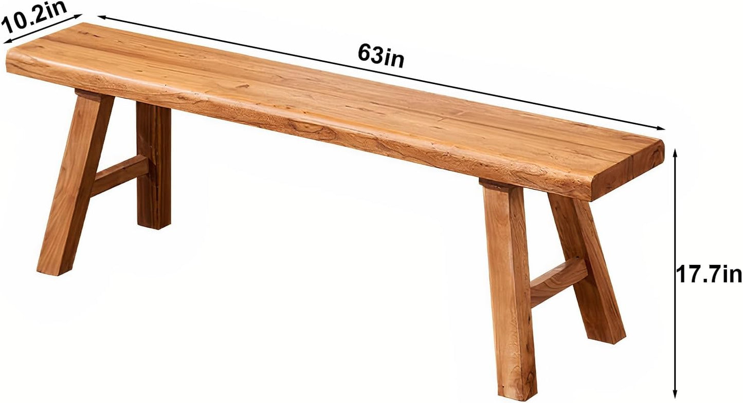 Farmhouse Wood Bench Indoor - 63Inch entryway Bench, Natural Solid Wood, Durable and Sturdy, Suitable for Dining Room, Bedroom, Porch and Other Narrow Spaces